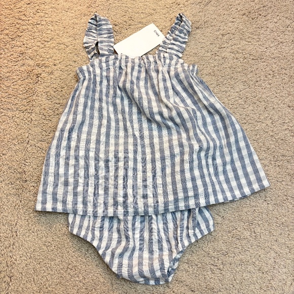 Mango Baby Girl Gingham Blue Plaid Linen Tank And Bloomer - Picture 1 of 5